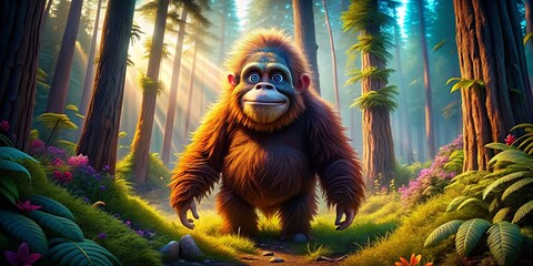 Obraz premium Whimsical Sasquatch Cartoon Character in a Playful Forest Setting, Fun and Colorful Illustration Design