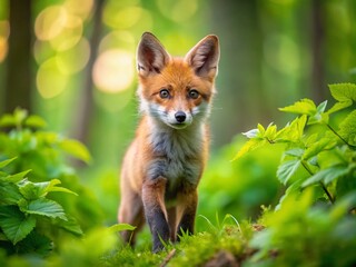 Young Red Fox Playfully Exploring Its Natural Habitat in a Lush Green Forest Setting During Spring