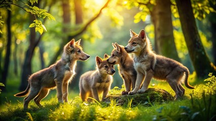 Fototapeta premium Young Wolves Playing in the Wild Under the Warm Sunlight Surrounded by Lush Greenery and Trees