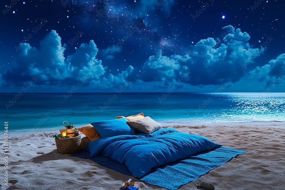 Poster simple minimalist design of a bed under a starry sky, representing sleep and the tranquility of nigh