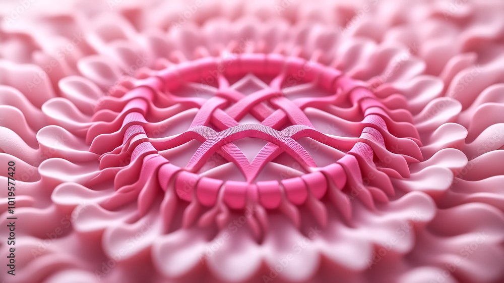 Poster intricate pink design featuring circular pattern with layered textures and flowing shapes, creating 