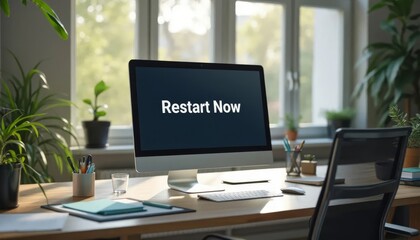 Modern Office Workspace with Computer Prompt to Restart Now