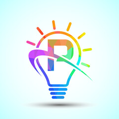 Fototapeta premium English alphabet P with light bulb and swoosh. Electric bulb logo template. Low poly electricity logo