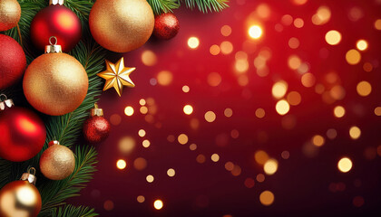Elegant Christmas background decorate with spruce pine tree branches and other Christmas ornament in red background.