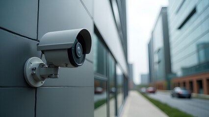 close-up of a security camera on the wall of a modern business bulding on the street