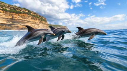 Obraz premium Playful Dolphins Leaping in Clear Blue Water