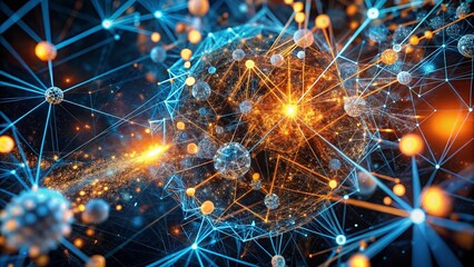 vibrant digital representation of interconnected technology and data, showcasing network of glowing nodes and lines. This captures essence of modern technology and innovation