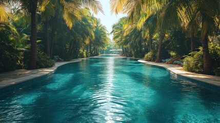 Serene tropical pool surrounded by lush palm trees and greenery.