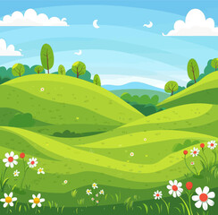 Obraz premium Cartoon Green Hills and Daisies 