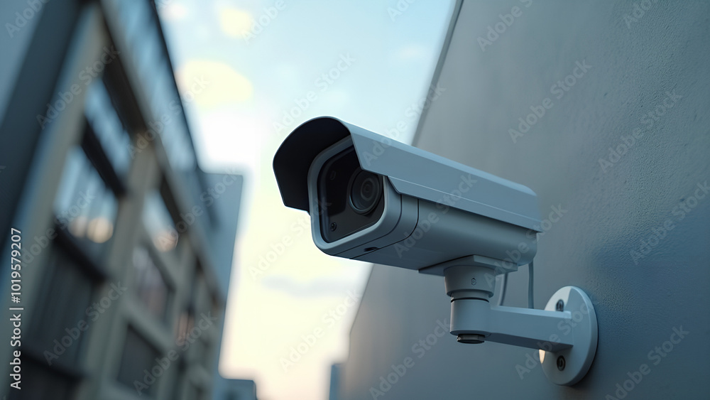 Wall mural close-up of a security camera on the wall of a modern business bulding on the street