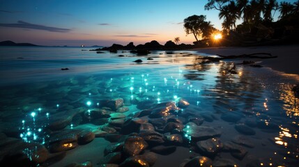 Sunset Over Calm Ocean with Bioluminescent Plankton