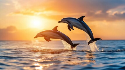 Fototapeta premium Dolphins Leaping Against a Sunset Background