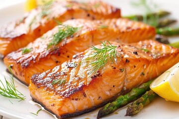 Three pieces of salmon are served with asparagus and lemon slices