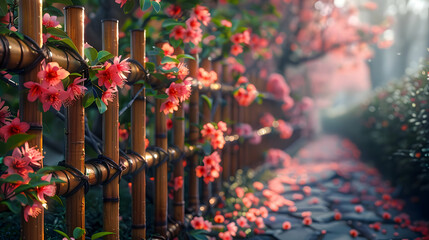 Fototapeta premium Pink Flowers on Bamboo Fence with Stone Path 3D Illustration