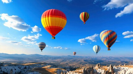 Obraz premium Colorful Hot Air Balloons Over Scenic Landscape