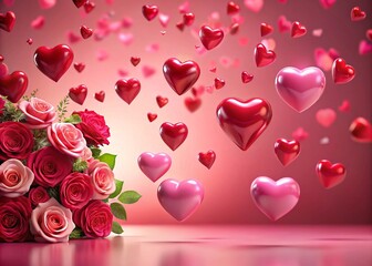 beautiful arrangement of roses with floating hearts in shades of red and pink, creating romantic atmosphere. Perfect for expressing love and affection
