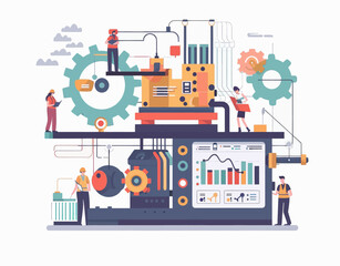 People working on industrial machine with data analytics