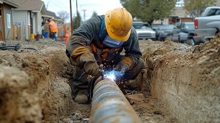 Welder Working on a Pipeline in a Trench