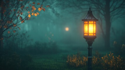 Solitary lantern at night, flickering light, foggy air, distant trees, moody and reflective ambiance.
