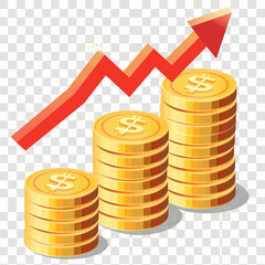 Red arrow pointing up over gold coins  
