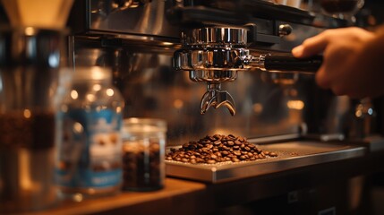 A barista prepares espresso with freshly ground coffee beans at a caf&eacute;.