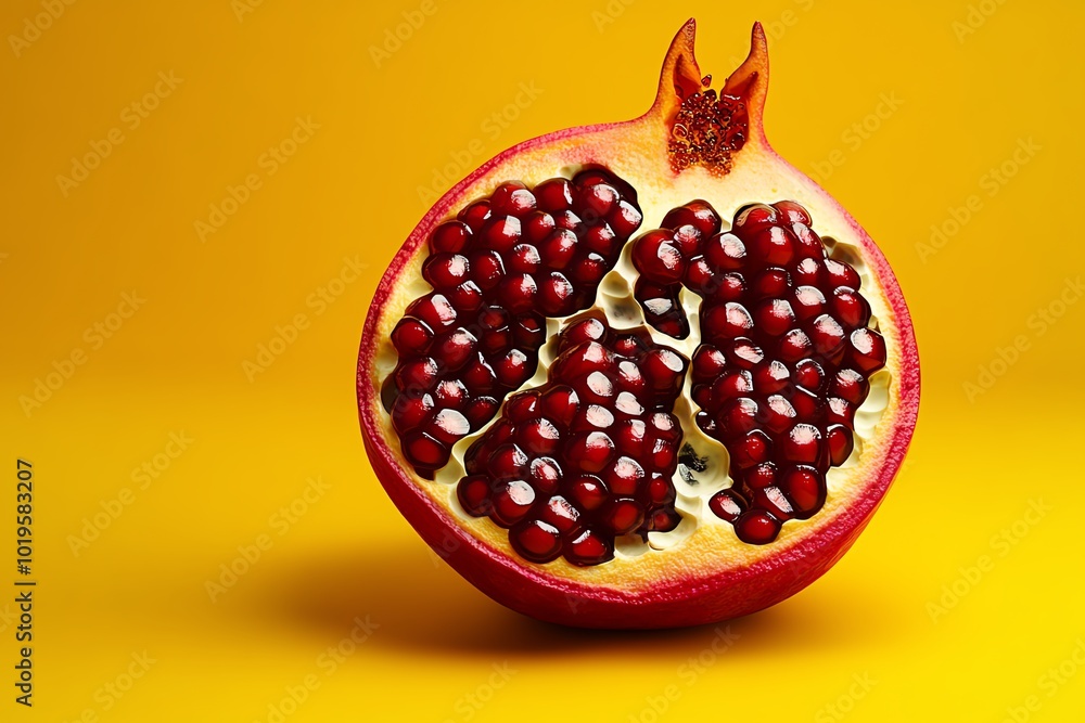 Poster simple minimalist design of a sliced pomegranate, representing the rich antioxidant benefits in a cl