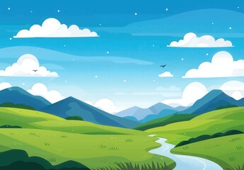 Fototapeta premium Blue Sky with Clouds and Mountains and a River in a Valley. 