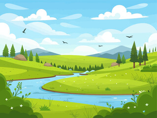 Naklejka premium Winding River Through Green Hills 