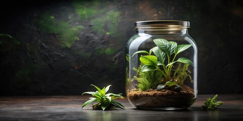 Plants in a glass jar on a dark background, plants, glass jar, dark background, greenery, botanical