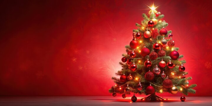 Red Christmas tree with vibrant lights and various ornaments on a festive red background, Christmas, tree, red