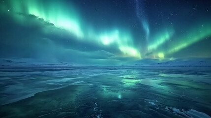 Fototapeta premium green northern lights aurora borealis over frozen lake in iceland night sky