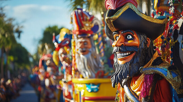 colorful carnival parade with pirate mask and decorated floats Gasparilla Pirate Festival