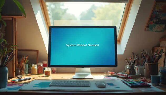 Creative Workspace Desk with Computer Displaying System Reboot Needed Message