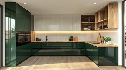 Modern kitchen with green cabinets, white countertop, and wooden shelves.
