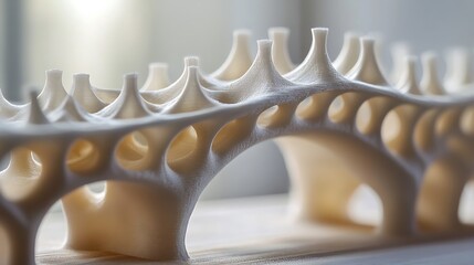 White 3D printed model of an arch bridge with intricate details.