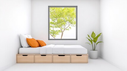 Small minimalist bedroom with large window, built-in storage, white and light grey color palette, natural wood accents, cozy yet sleek design, high-quality architectural shot