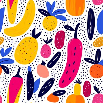 Seamless pattern of vibrant fruits and vegetables in funky geometric shapes