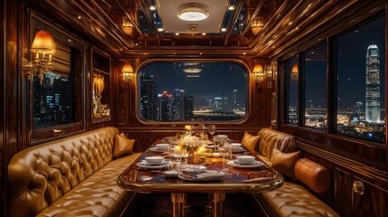 Luxurious dining car with cityscape view at night.