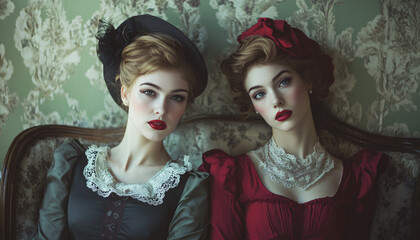 Obraz premium Portraits of individuals dressed in vintage clothing from different eras, staged in modern-day environments