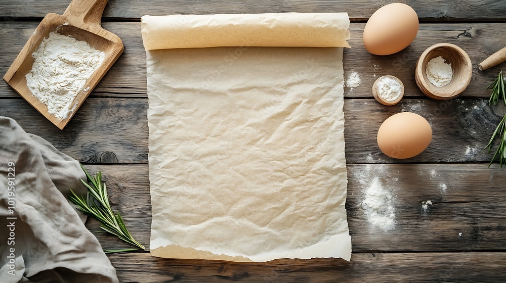 Poster top view with baking parchment empty on table background folded cloth for mockup with copy space fla