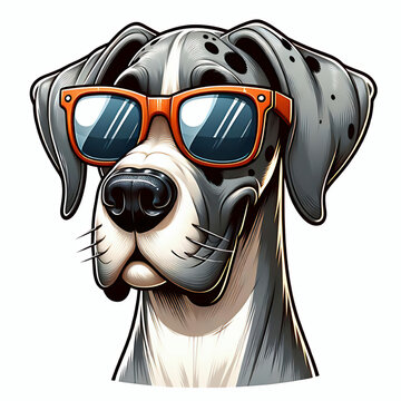 Gray and white smiling great dane dog face wearing sunglasses cartoon illustration, dog head clip art design element  