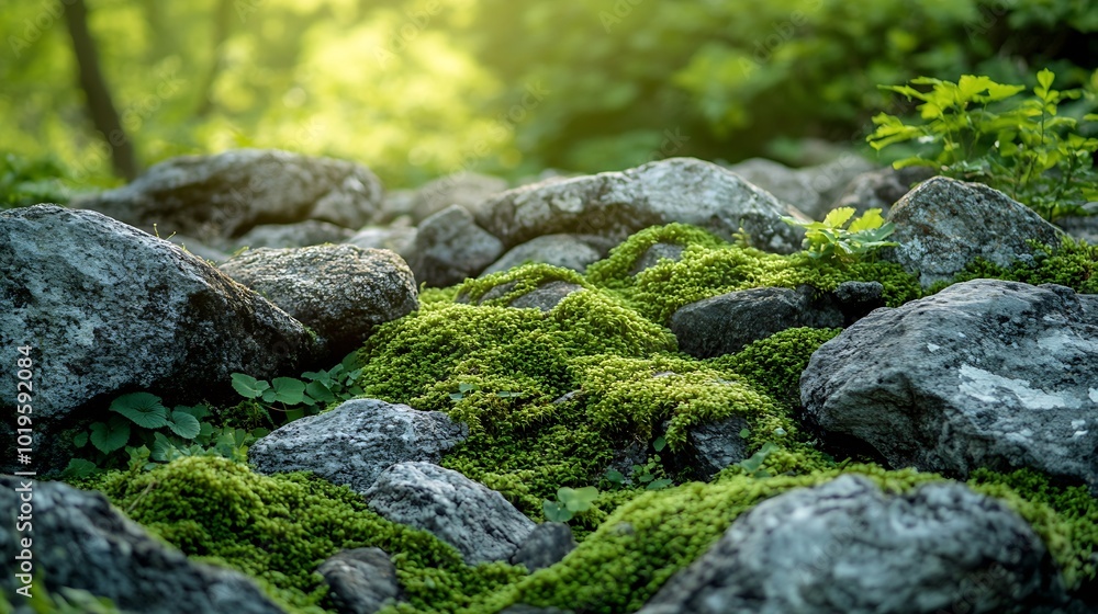 Poster beautiful bright green moss grown up cover the rough stones and on the floor in the forest show with