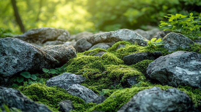 Beautiful Bright Green moss grown up cover the rough stones and on the floor in the forest Show with macro view Rocks full of the moss texture in nature for wallpaper soft focus : Generative AI