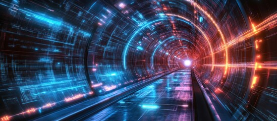 Obraz premium A glowing futuristic tunnel with blue and orange lights, leading to a bright light at the end.