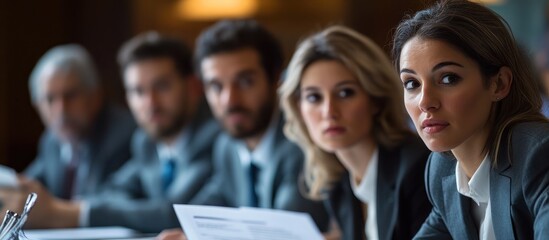 A group of professional business people sit at a table, looking forward with focus.