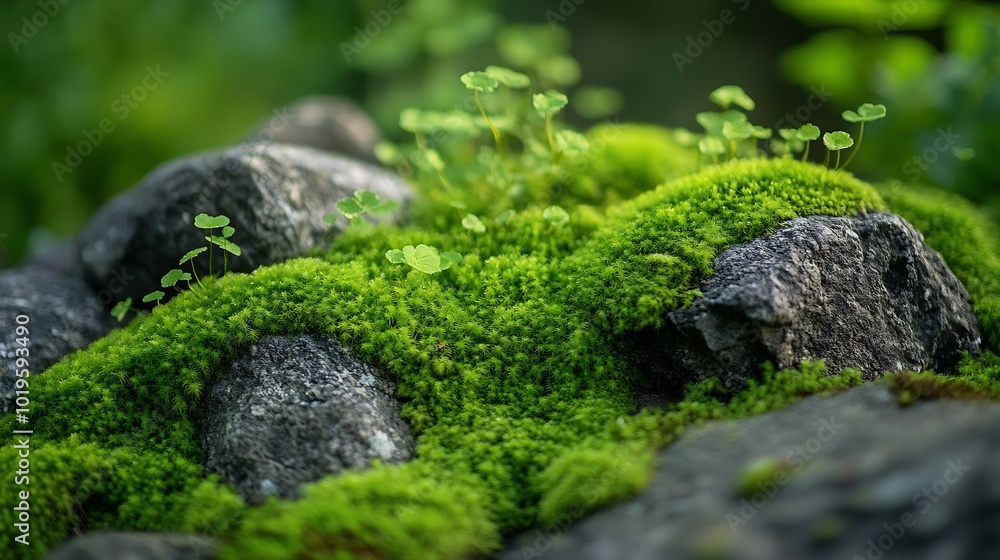 Poster beautiful bright green moss grown up cover the rough stones and on the floor in the forest show with