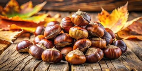 Deliciously roasted chestnuts piled together on a wooden surface in autumn , roasted, chestnuts, autumn, wooden, surface, food, seasonal