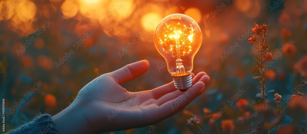 Sticker A hand holds a glowing lightbulb in a field of wildflowers at sunset.