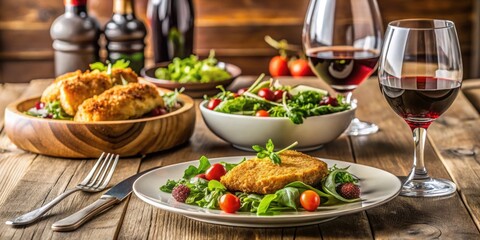 Table set for a luxurious dinner feast with chicken cutlet, salad, and red wine on a tablecloth, dinner menu