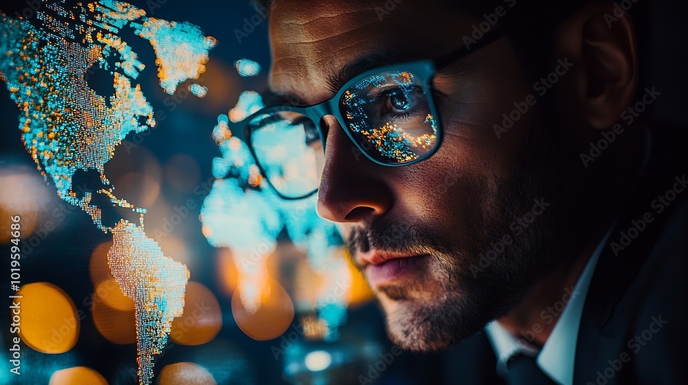 Poster Tech driven Global Business Businessman embraces technology as he analyzes big data for business intelligence composition of world map digital links emphasizes interconnectedness of gl : Generative AI